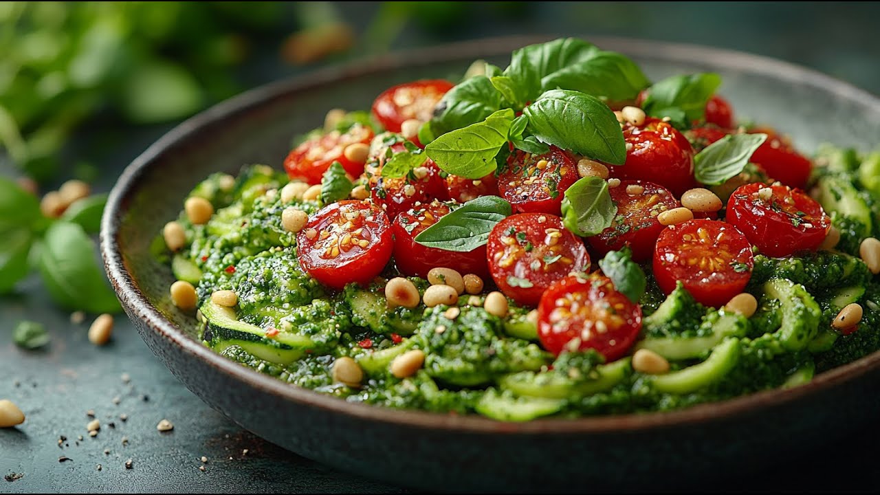 Helppo, nopea ja maukas illallinen: höyrytettyjä vihanneksia, pähkinäpestoa ja kuivattuja tomaatteja.