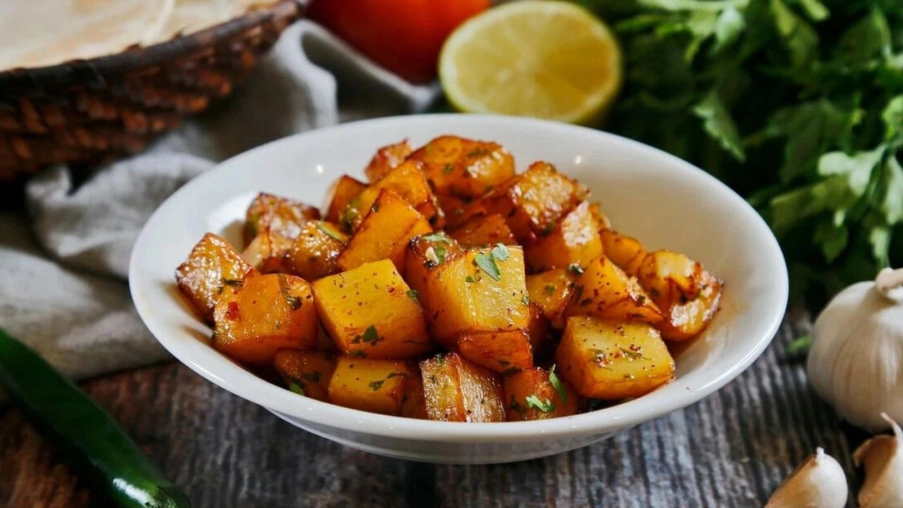 Kermainen bataatti paahdetulla valkosipulilla, bimi-paprikalla ja rapeilla kikherneillä